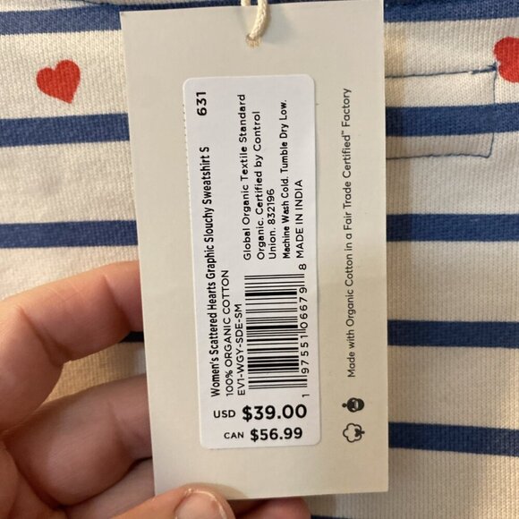 Pact 100% Organic Cotton Scattered Hearts Fleece Lined Crewneck Sweatshirt Small - Picture 3 of 6